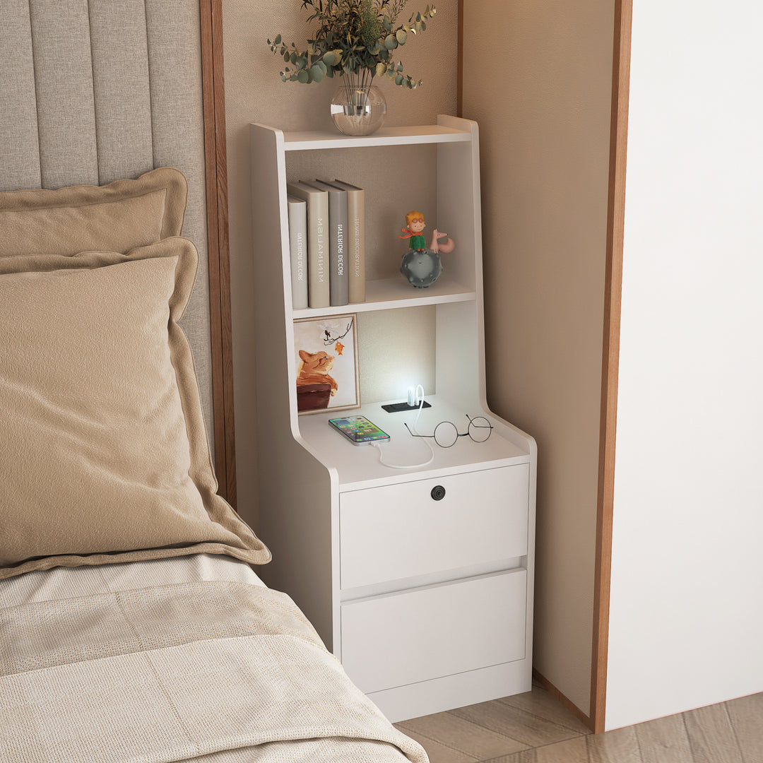 White Smart Nightstand with Charging Station Bookshelf & Night Light