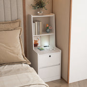 White Smart Nightstand with Charging Station Bookshelf & Night Light