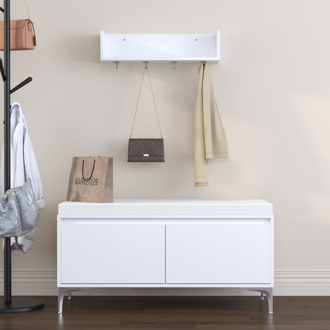 Modern White Wall-Mounted Entryway Shelf with Hooks and Storage Bench Set