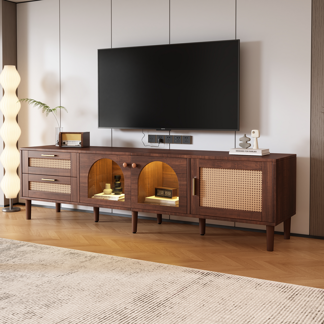 Rattan TV Stand Media Console Table with 3 Cabinets & 2 Drawers