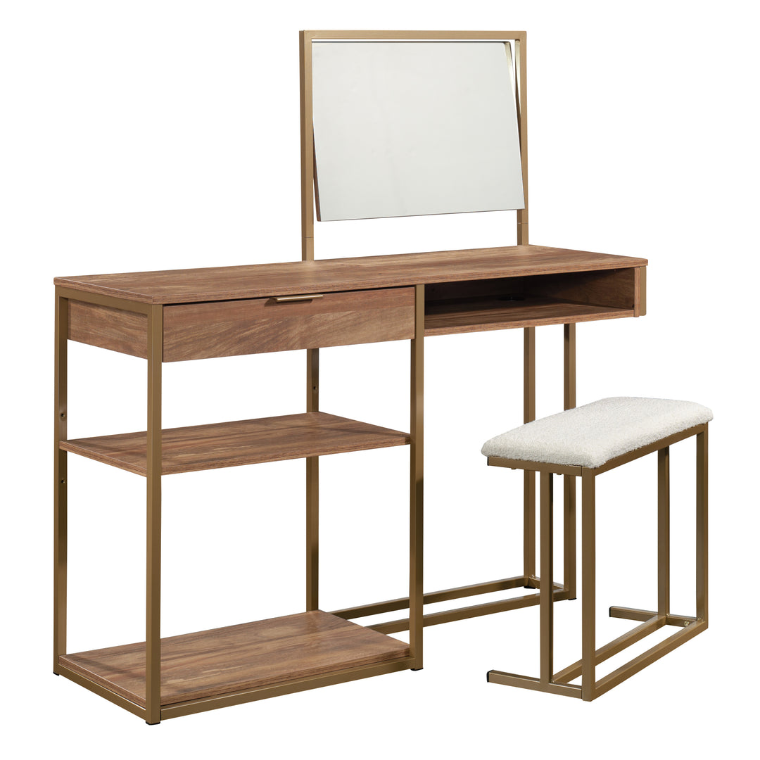 Brown Makeup Vanity Table and Stool Set with Chic Storage