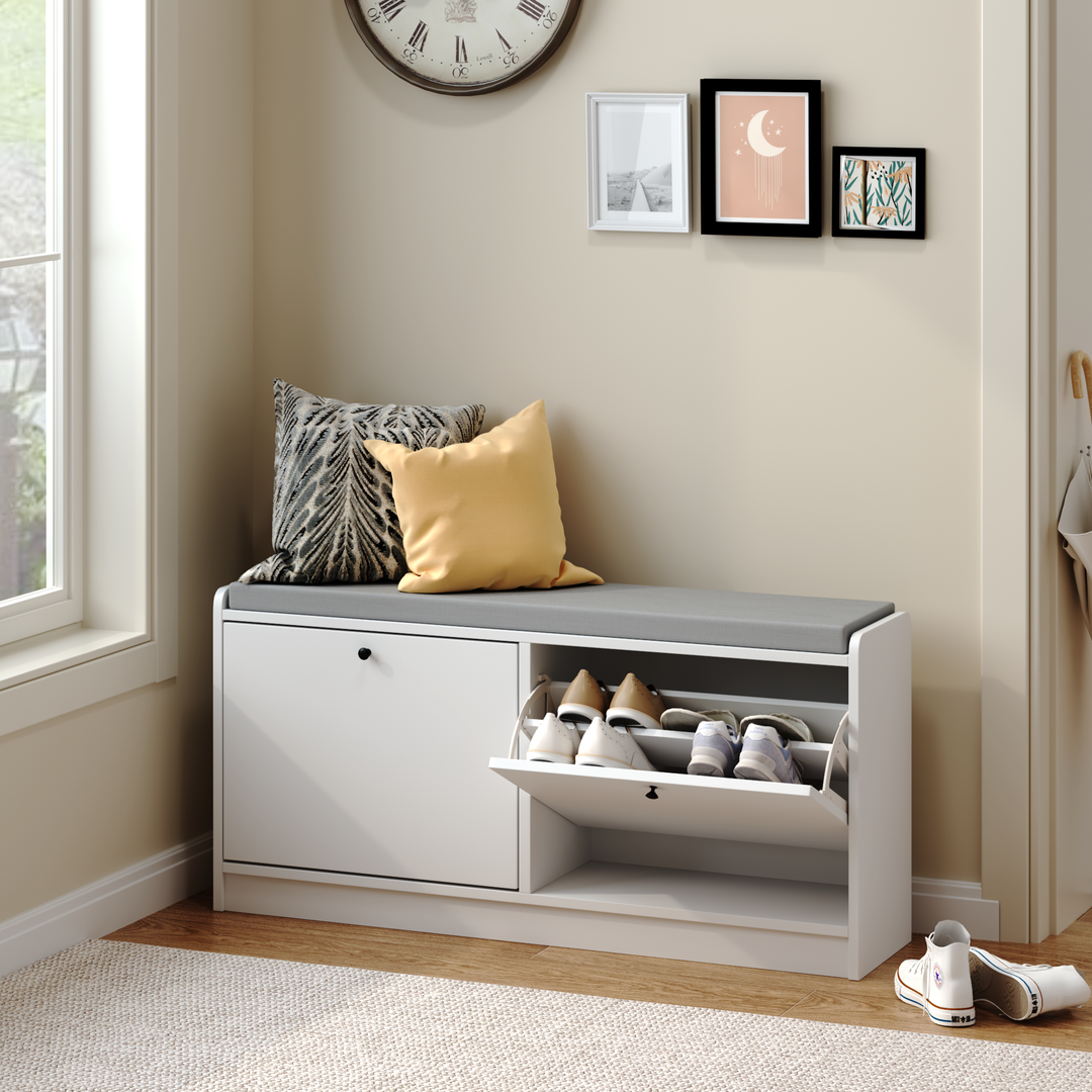White Shoe Cabinet Bench Entryway Bench with Cushion