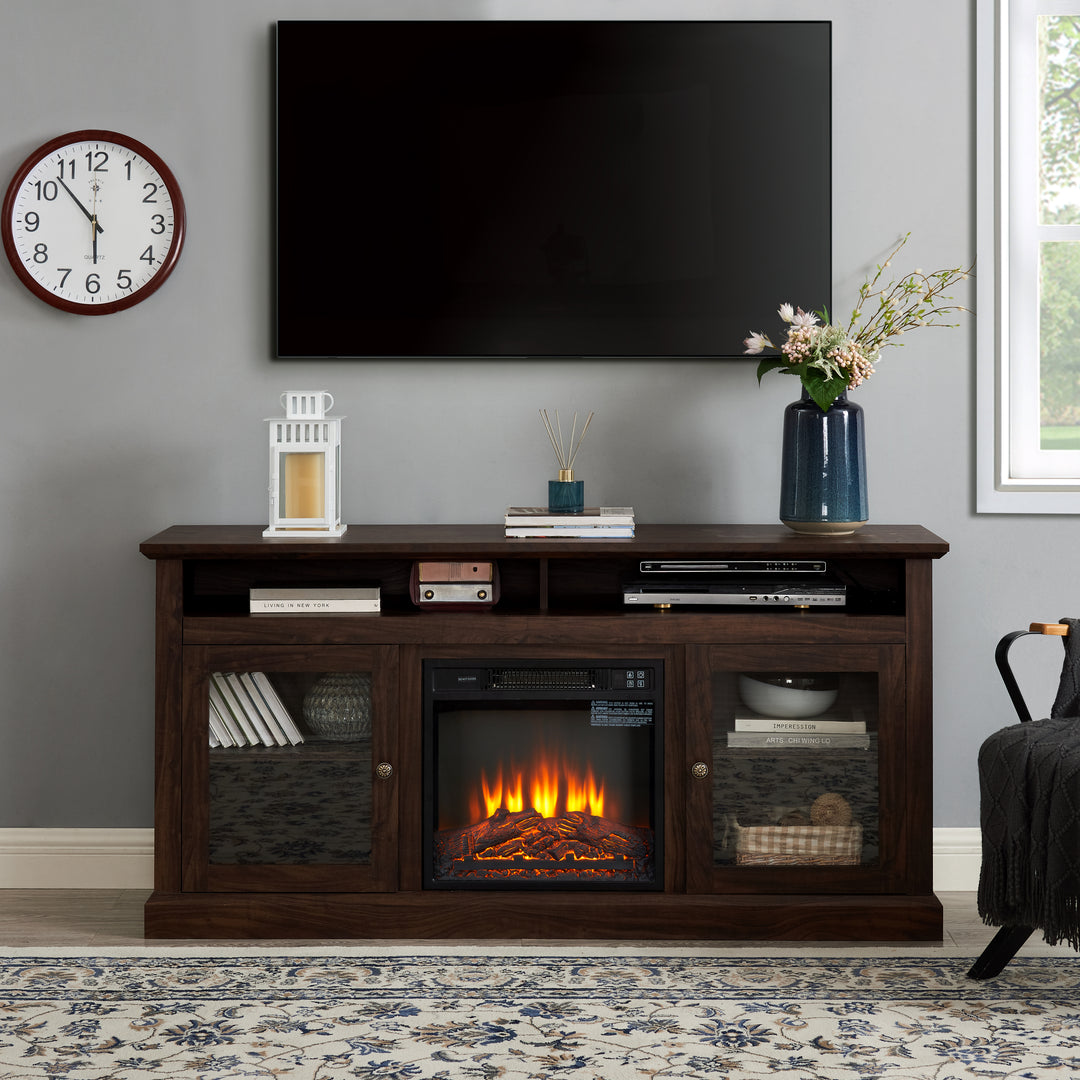 Modern Brown Entertainment Console TV Media Stand with 18'' Fireplace Insert