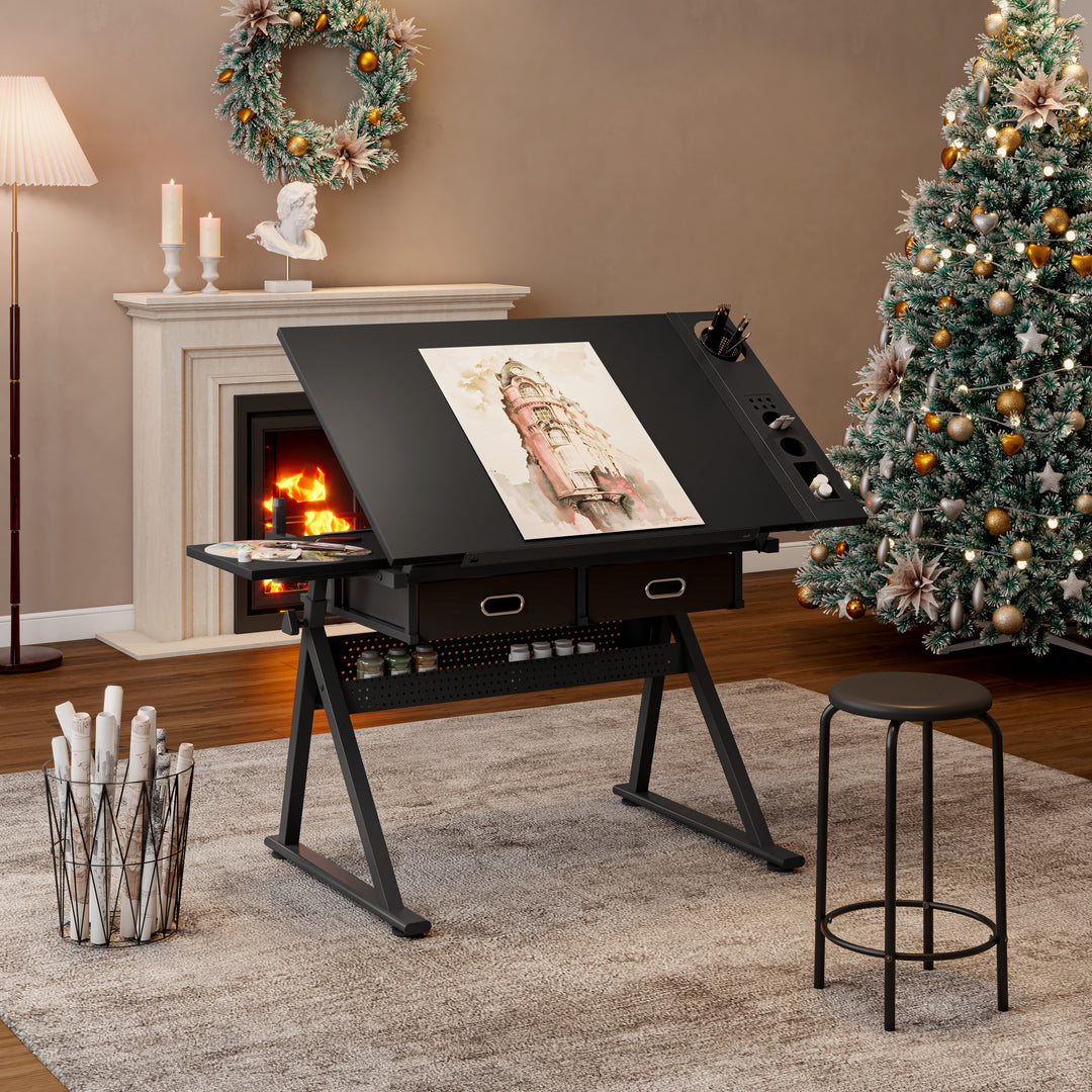 Adjustable Drawing Black Drafting Table Desk With 2 Drawers