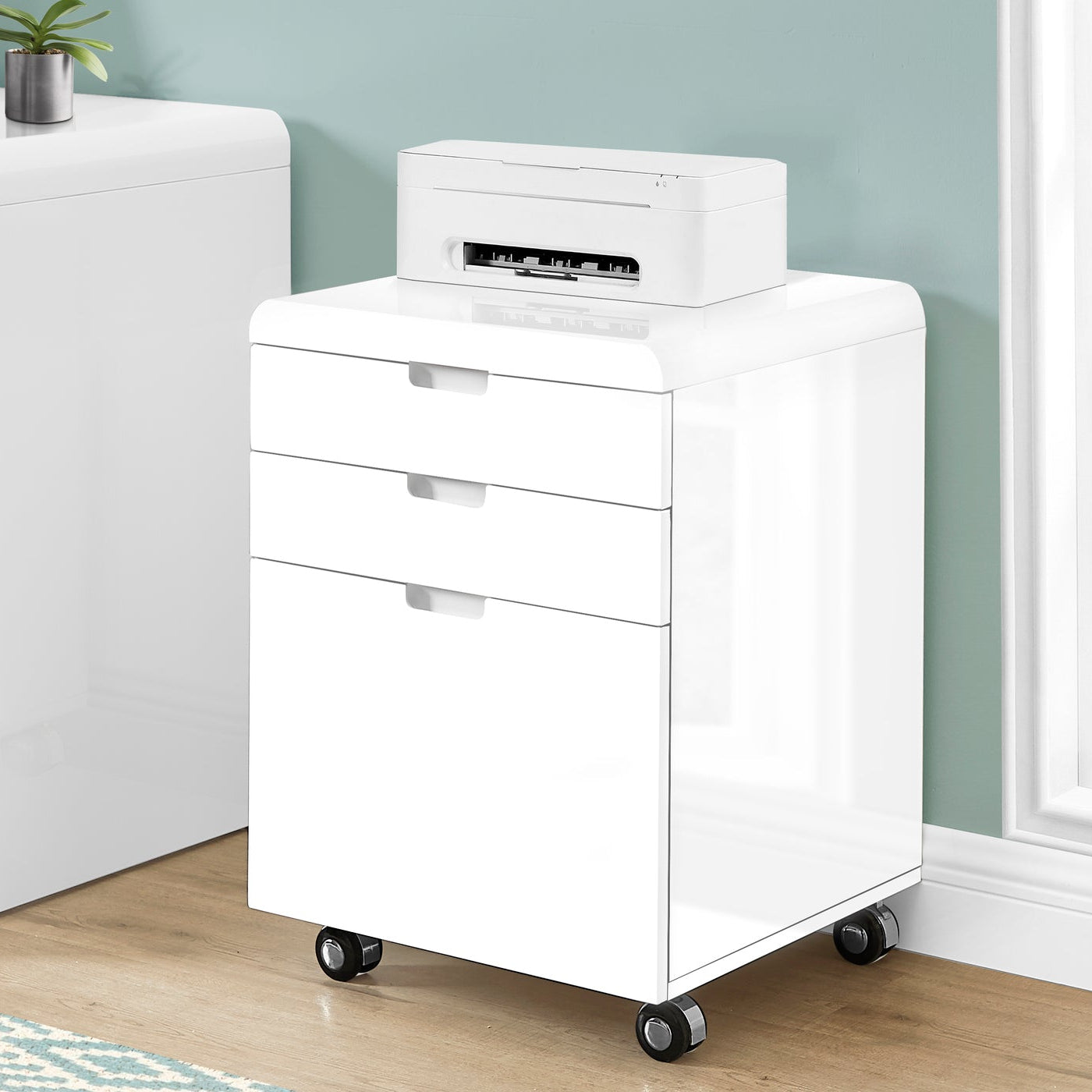 Modern Rolling Mobile Glossy White Laminate Printer Stand File Cabinet