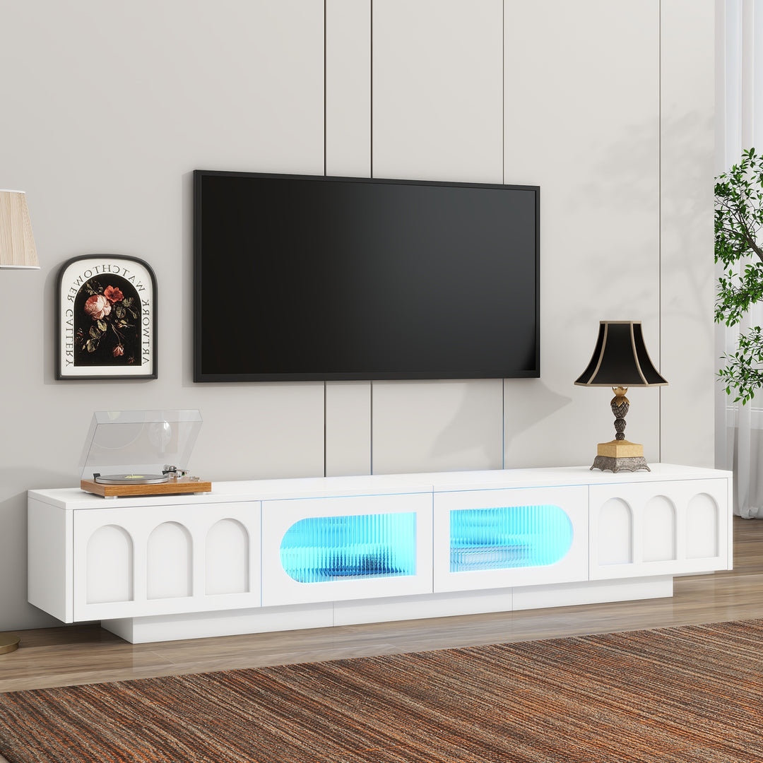 Functional Media Console Arched Cabinet Doors White TV Stand with LED Light