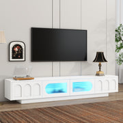 Functional Media Console Arched Cabinet Doors White TV Stand with LED Light