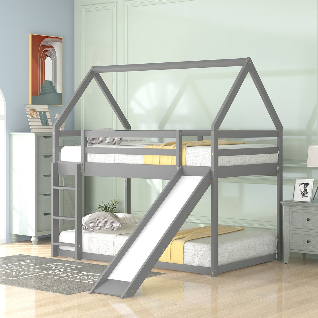 Gray House-Shape Twin Over Twin Bunk Bed with Slide and Ladder