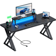 X-Frame Black Computer Table Gaming Desk With Usb Charging Station Led Light Strip