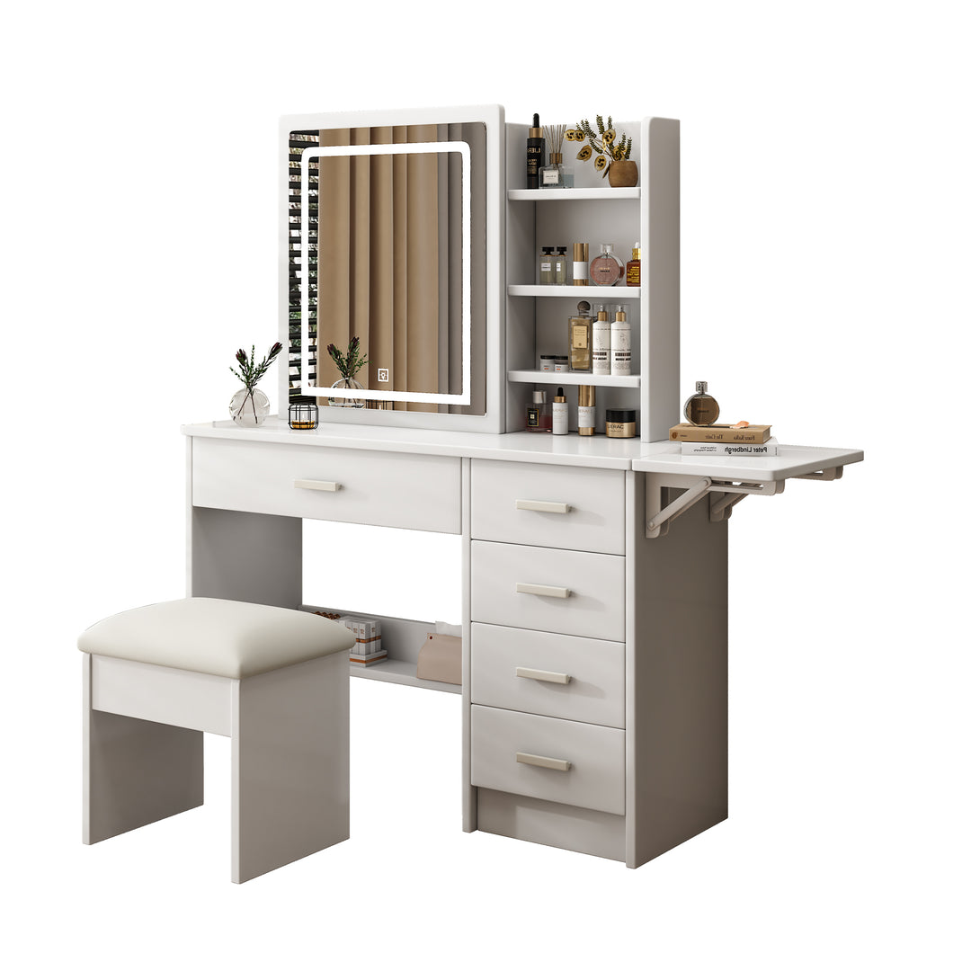 Fashion White MDF Makeup Vanity Desk with Mirror Lights 5 Drawers