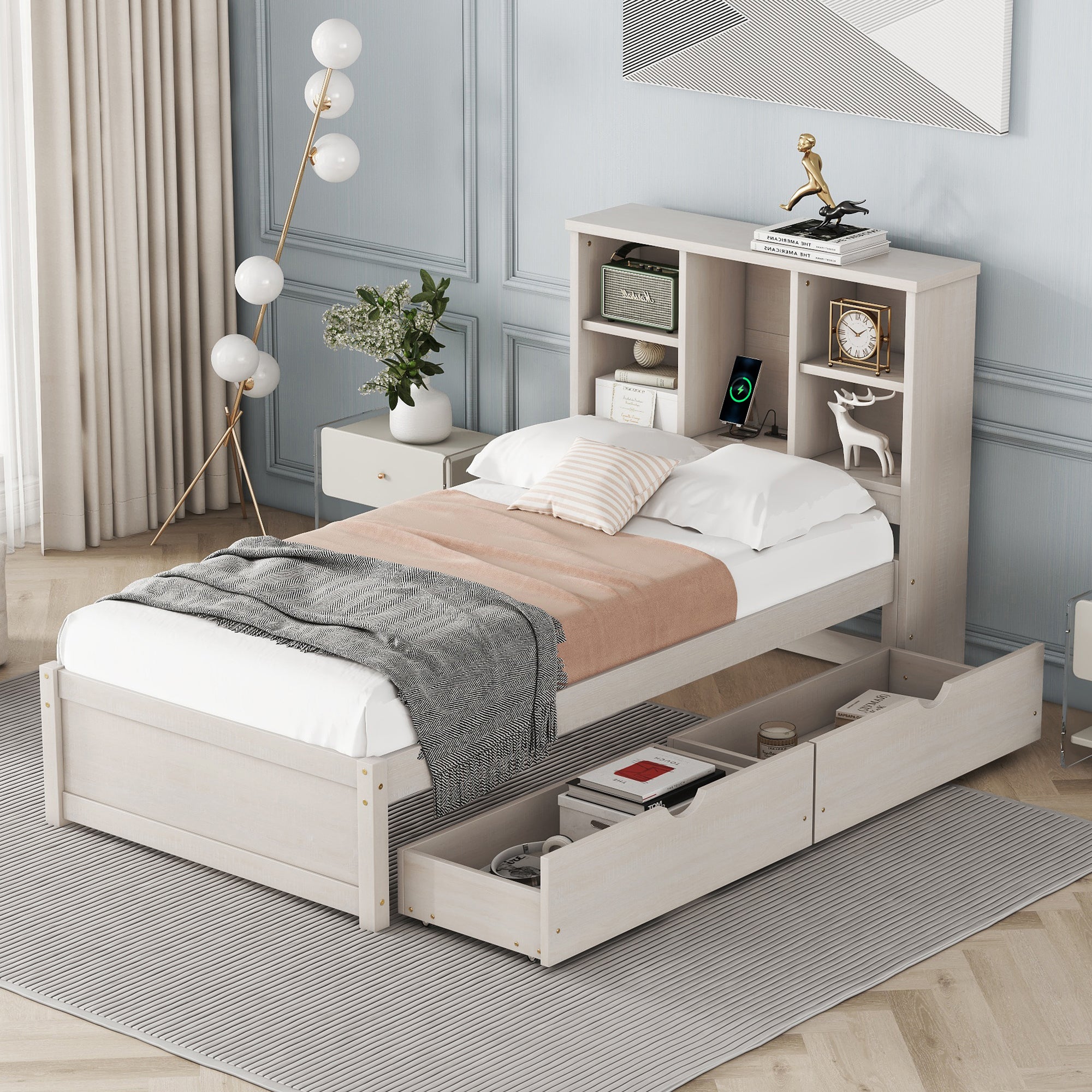 Modern White Twin Bed Frame With Built-in USB Port on Bookcase Headboard & 2 Drawers