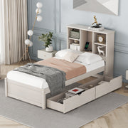 Modern White Twin Bed Frame With Built-in USB Port on Bookcase Headboard & 2 Drawers