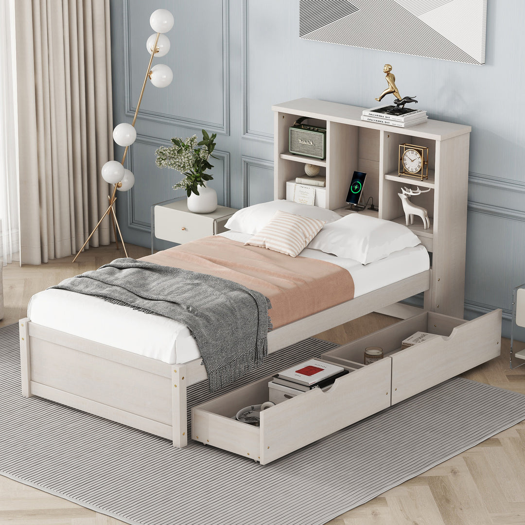 Modern White Twin Size Bed Frame With Built-in USB Port on Bookcase Headboard