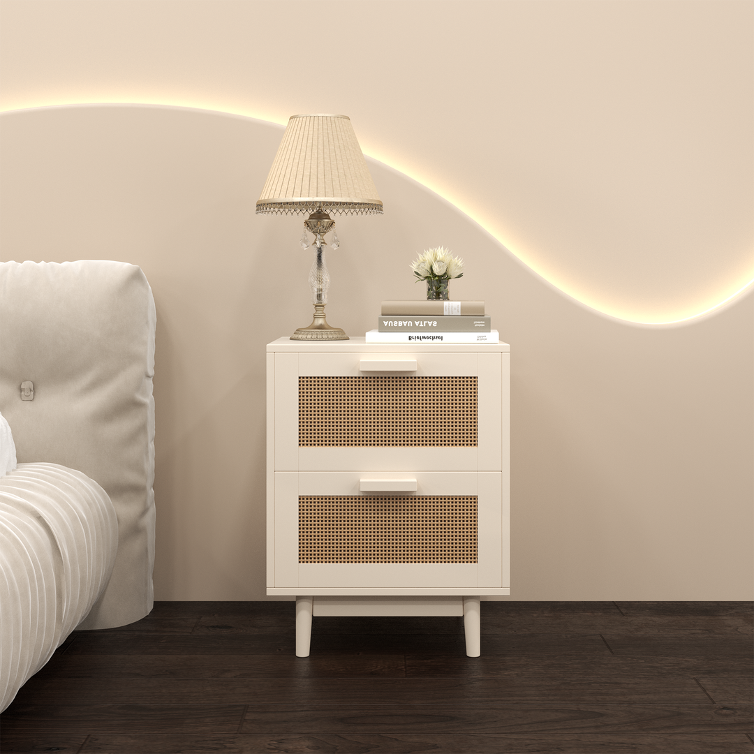 Rattan Nightstand Side Table with 2 Faux Rattan-Decorated Drawers