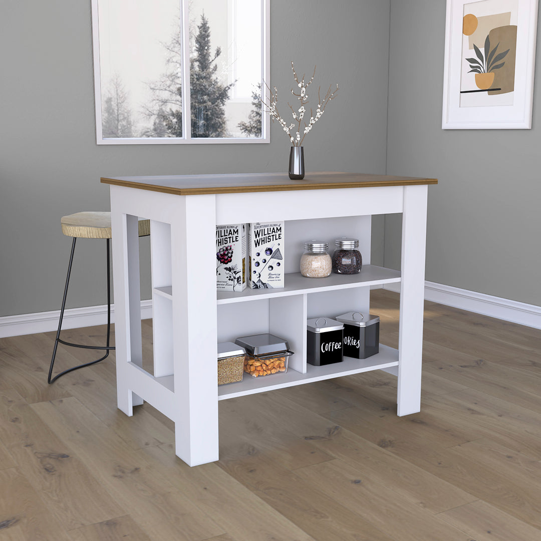 White Walnut Finish Kitchen Island With Three Shelves