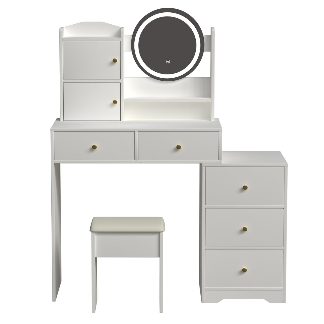 Fashion White Vanity Desk with Cushioned Chair Mirror and Adjustable 3 Color Lighting