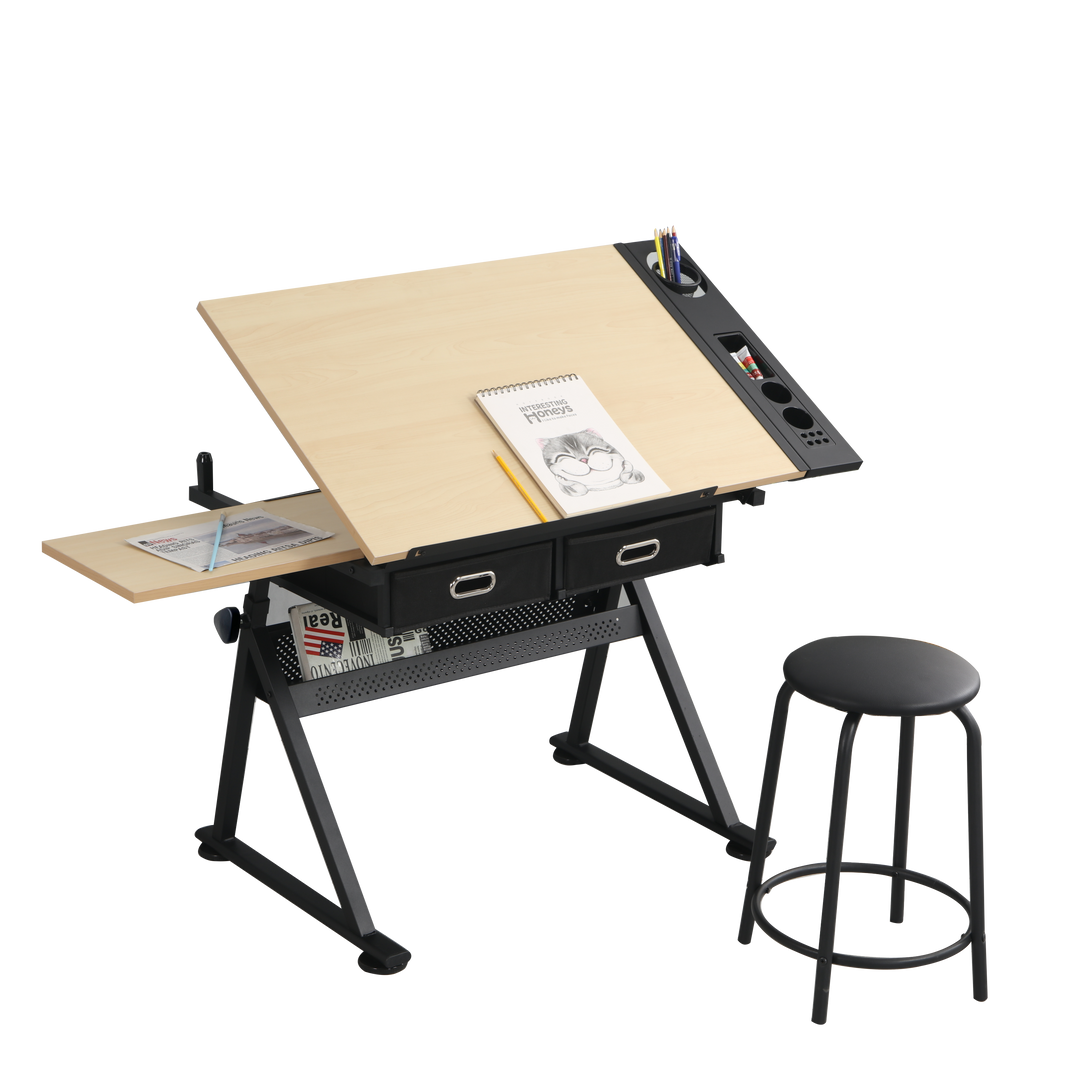 Adjustable Drawing Drafting Table Desk With Stool 2 Drawers