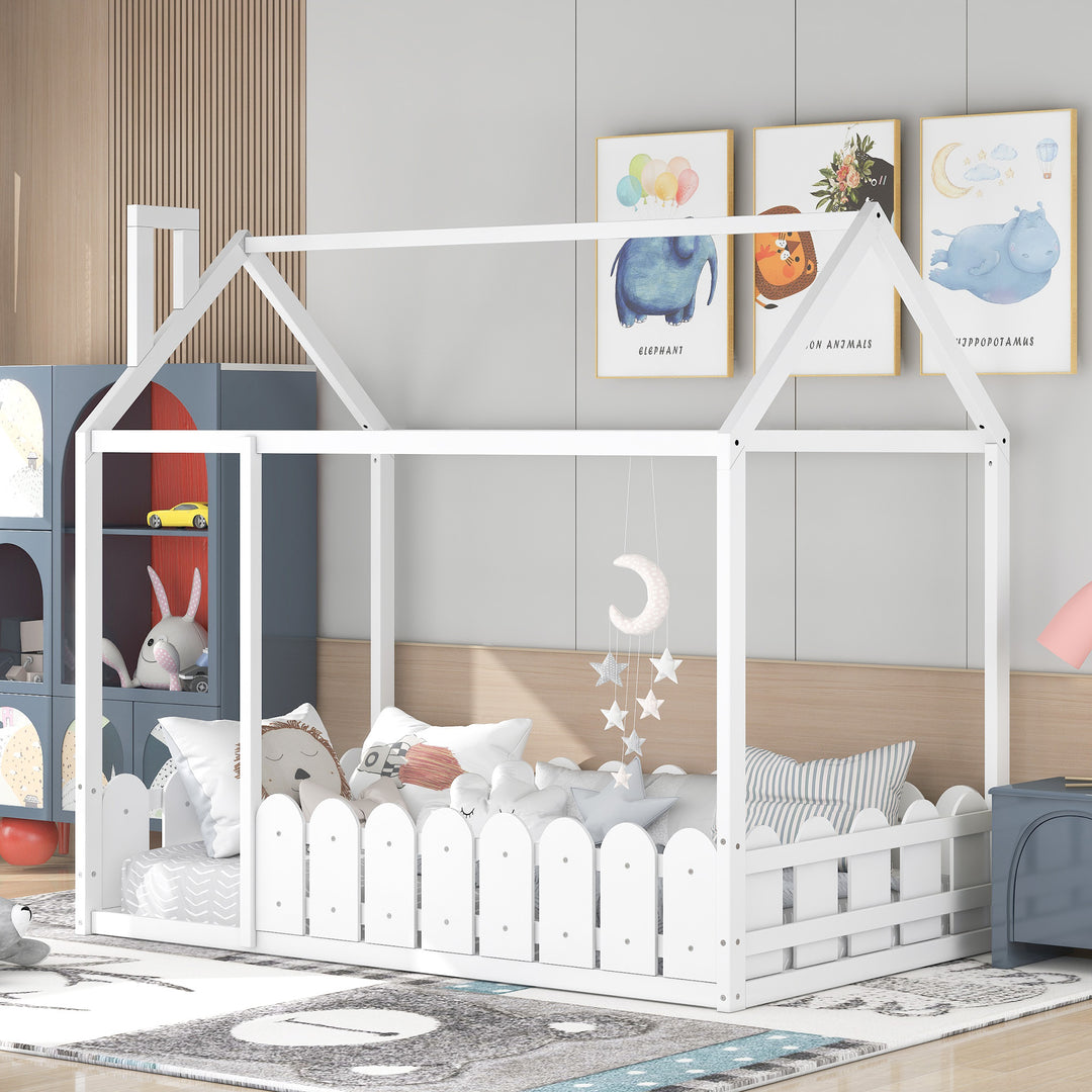 White Twin Size Wood Bed House Bed Frame with Fence