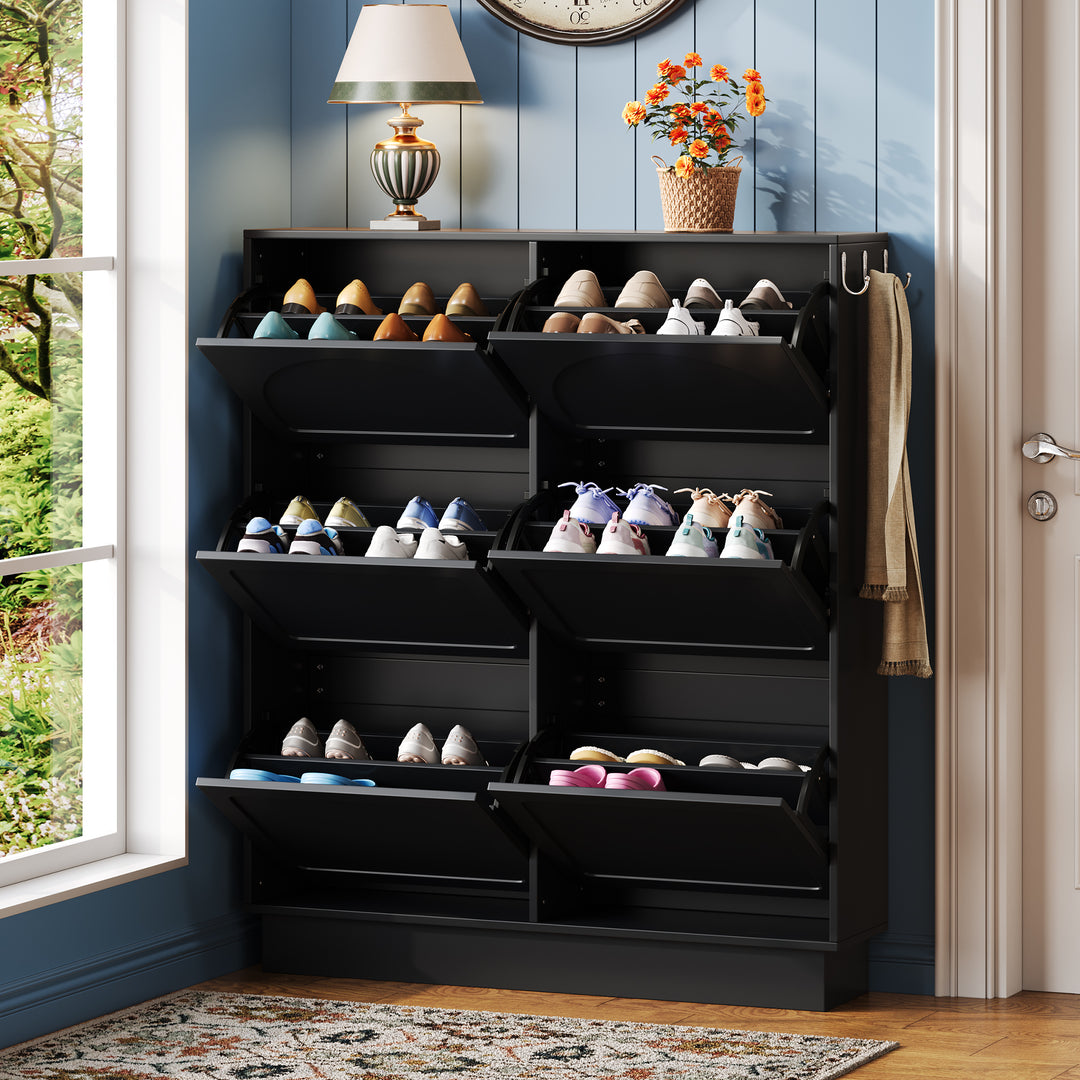 Modern Elegant Narrow Tipping Bucket Black Shoe Cabinet with 6 Flip Drawers