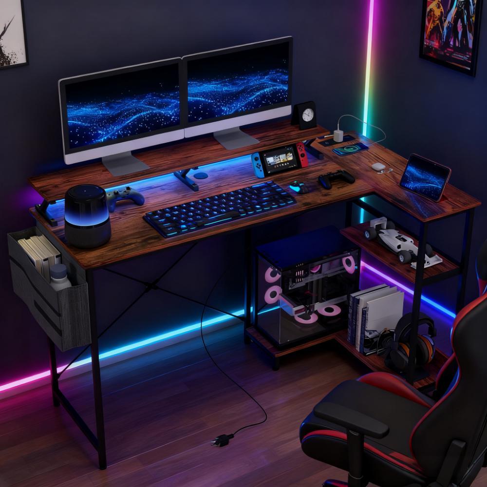 Reversible L-shaped Computer Desk with Monitor Stand Power Outlets and LED Lights
