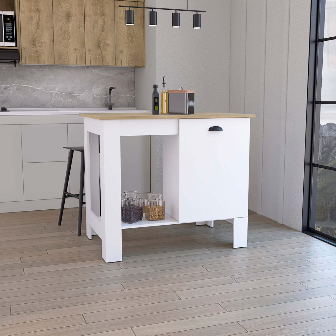 White Kitchen Island with One Open Storage Shelf Two Internal Shelves