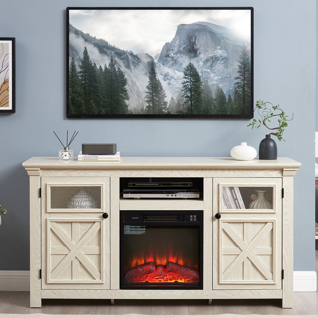 Modern Farmhouse Barn Design White TV Media Stand with 18'' Fireplace Insert