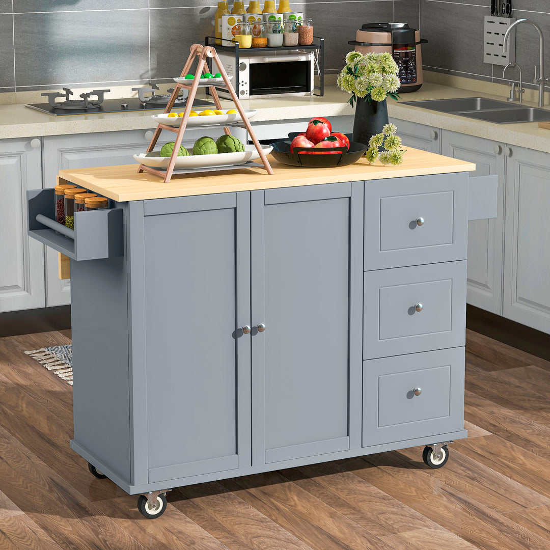 Rolling Mobile Grey Blue Kitchen Island with Solid Wood Top and Locking Wheels