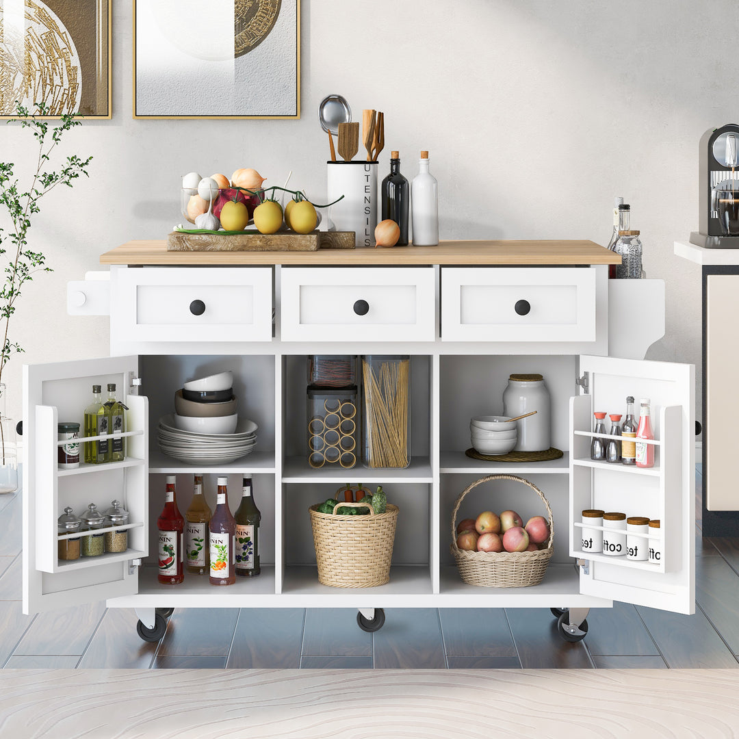 White Kitchen Island Cart on 5 Wheels with Drop-Leaf Countertop Storage Cabinet & 3 Drawers