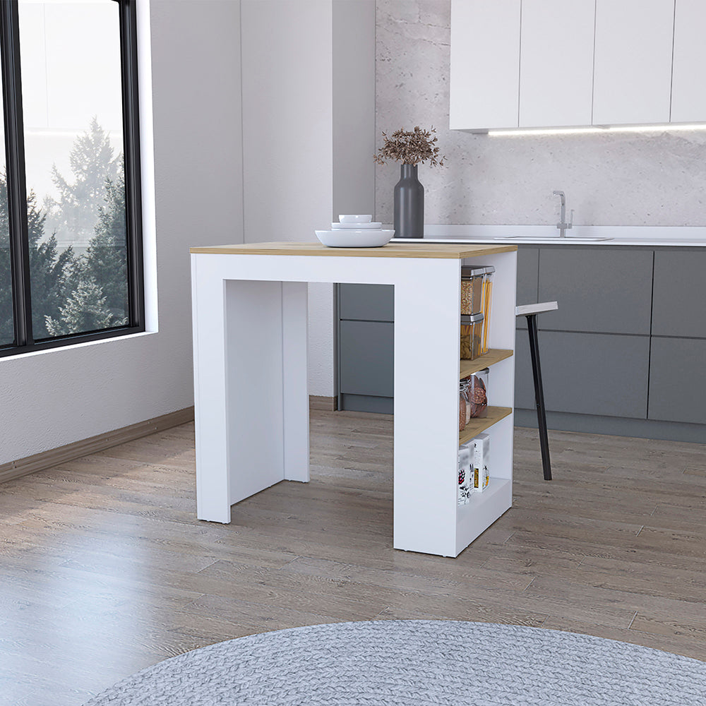 White and Light Oak Finish Kitchen Island With Three Side Shelves