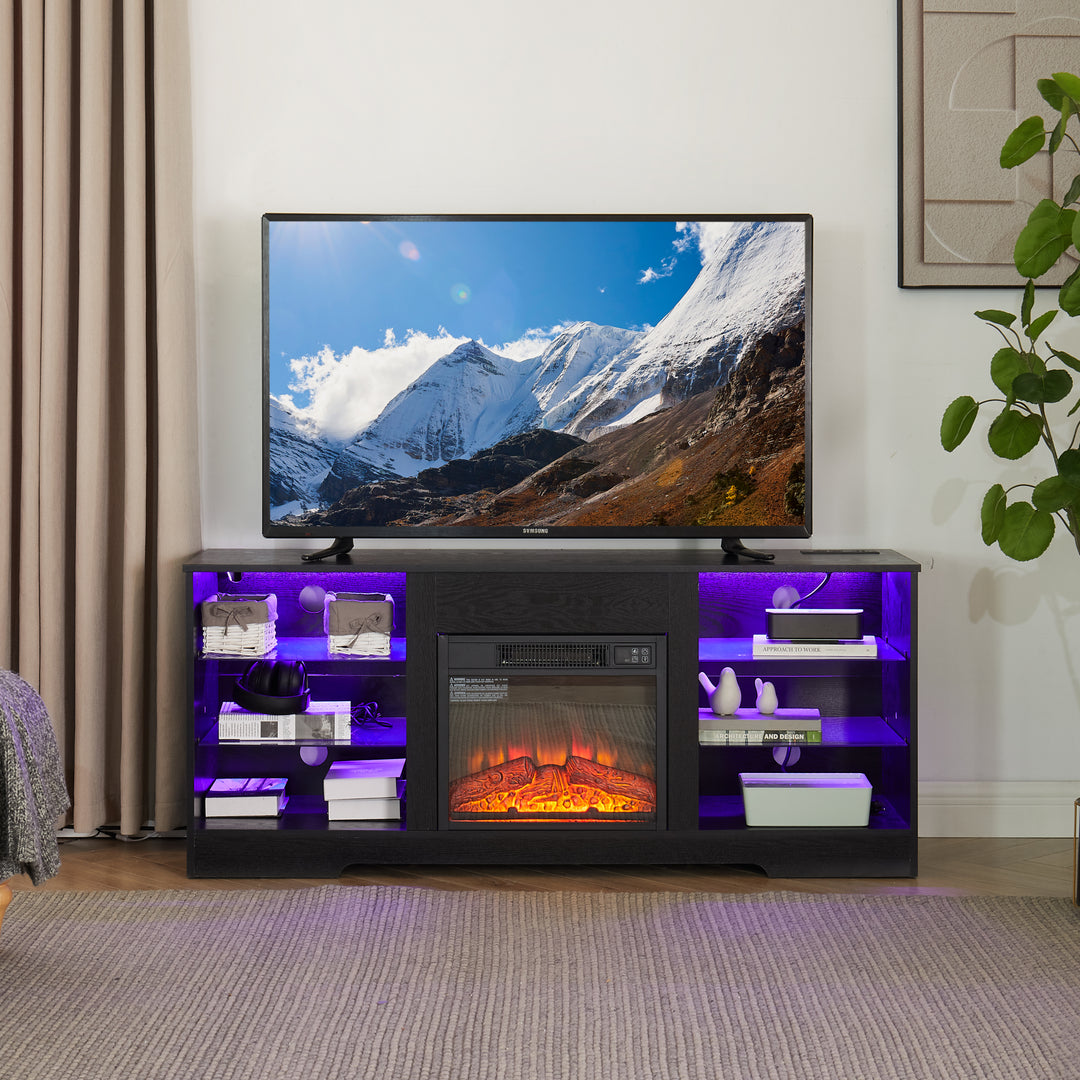 Modern 3D Fireplace Black TV Stand with LED Lights USB Charging Outlet