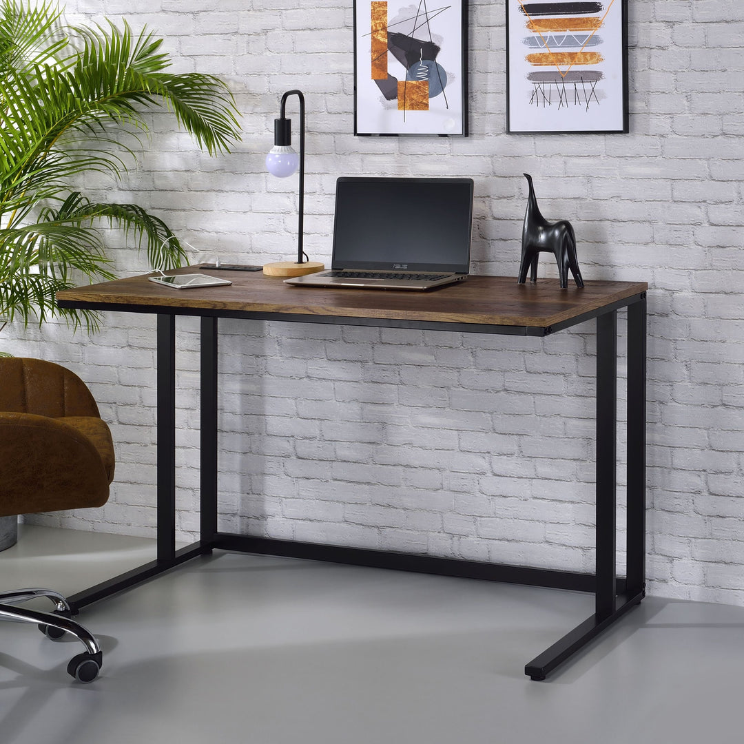 Walnut & Black Finish Rectangular Writing Desk With USB Port