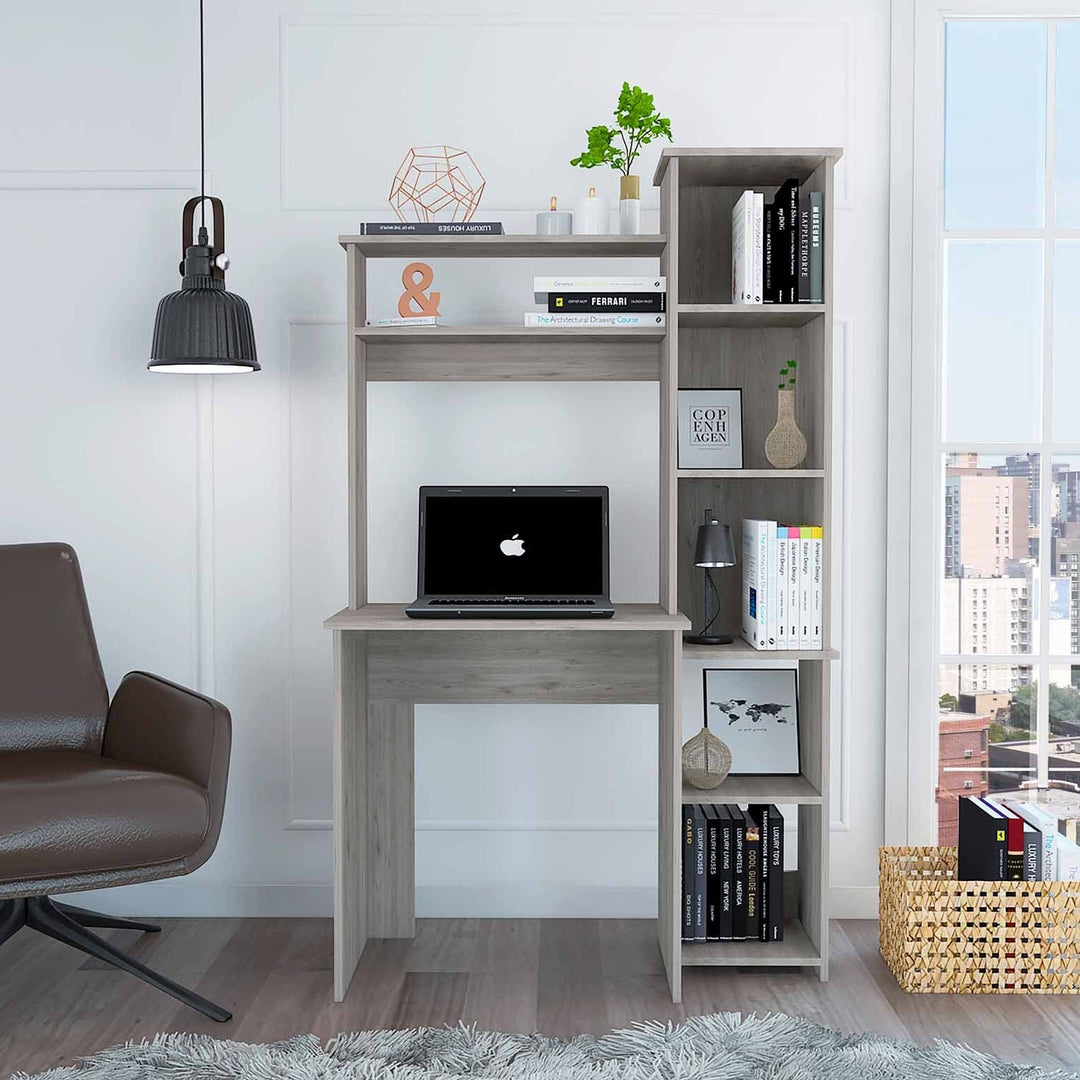 Contemporary Gray Computer Writing Desk With Six Shelves