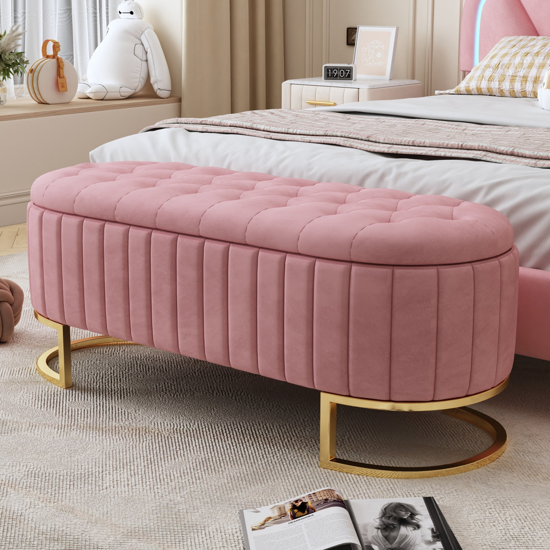 Elegant Upholstered Velvet Storage Ottoman Bench with Button-Tufted
