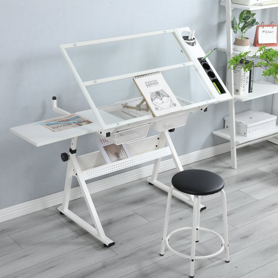 White Adjustable Tempered Glass Drafting Printing Table With Chair