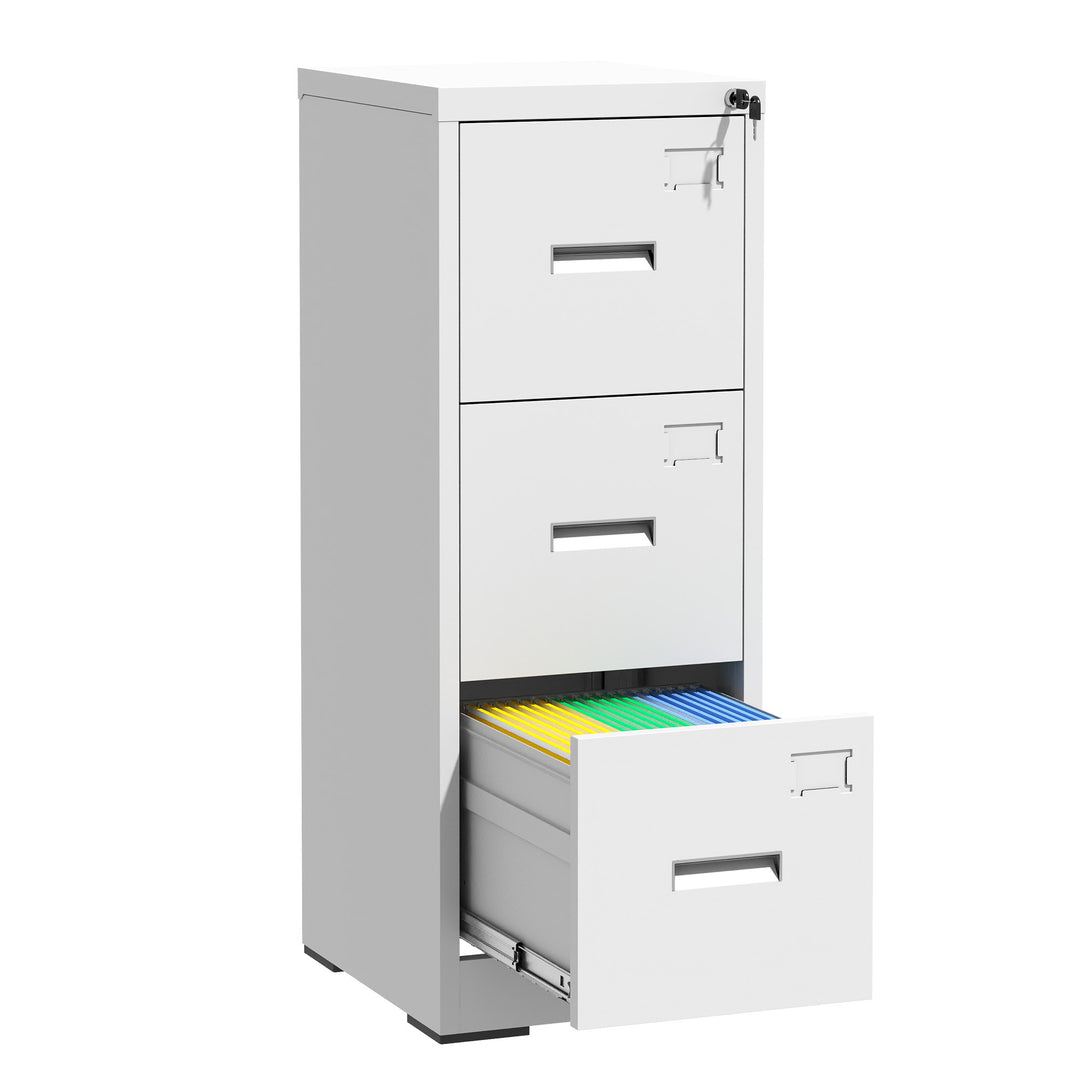 White Durable Steel Metal Vertical File Cabinet with Lock 3 Drawers and Card Slot