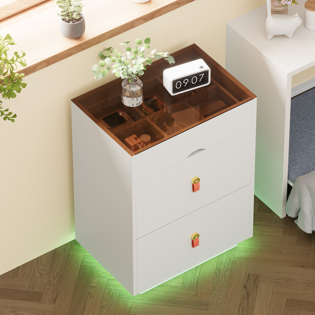 Modern White Nightstand with 3 Storage Drawers & LED Light