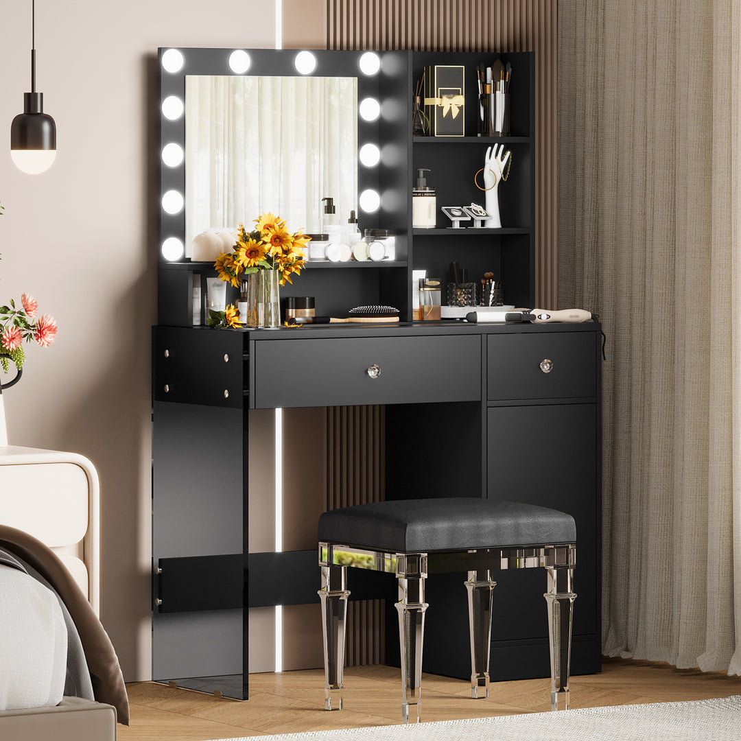 Black Makeup Vanity Desk with Glass Top Mirror and 3 Lighting Modes