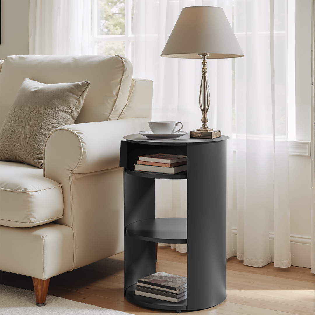 Indoor 3-Tier Metal Round Black Side Table with Sliding Door Cabinet