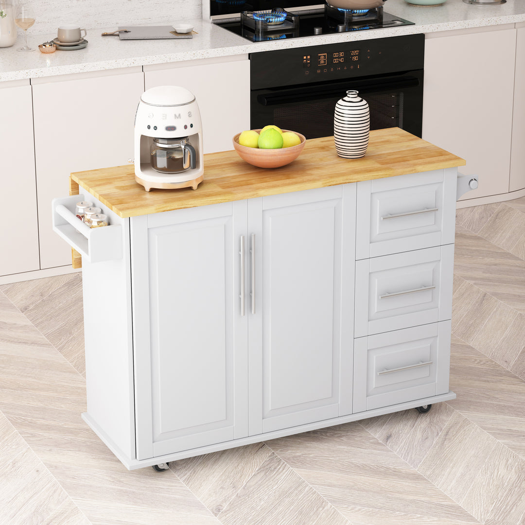 White Kitchen Island Cart with 2 Door Cabinet & Three Drawers