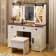 43.3'' Farmhouse Beige Makeup Vanity Desk  Set with Storage Stool & Lighted Mirror
