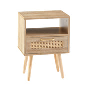 Modern Rattan Natural End Table with Drawer and Solid Wood Legs
