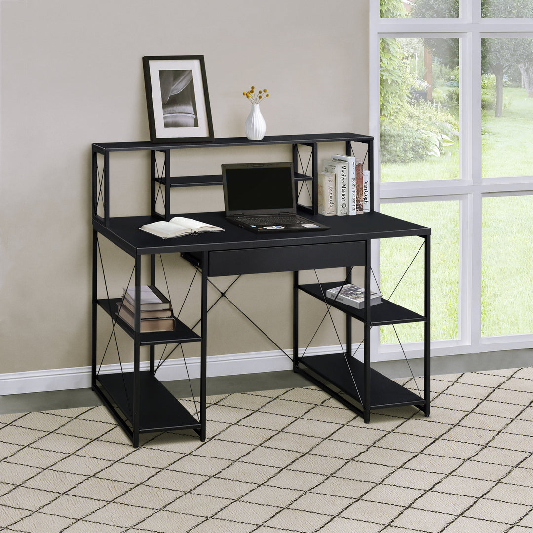 Black Office Writting Computer  Desk with Open Shelves and Hutch