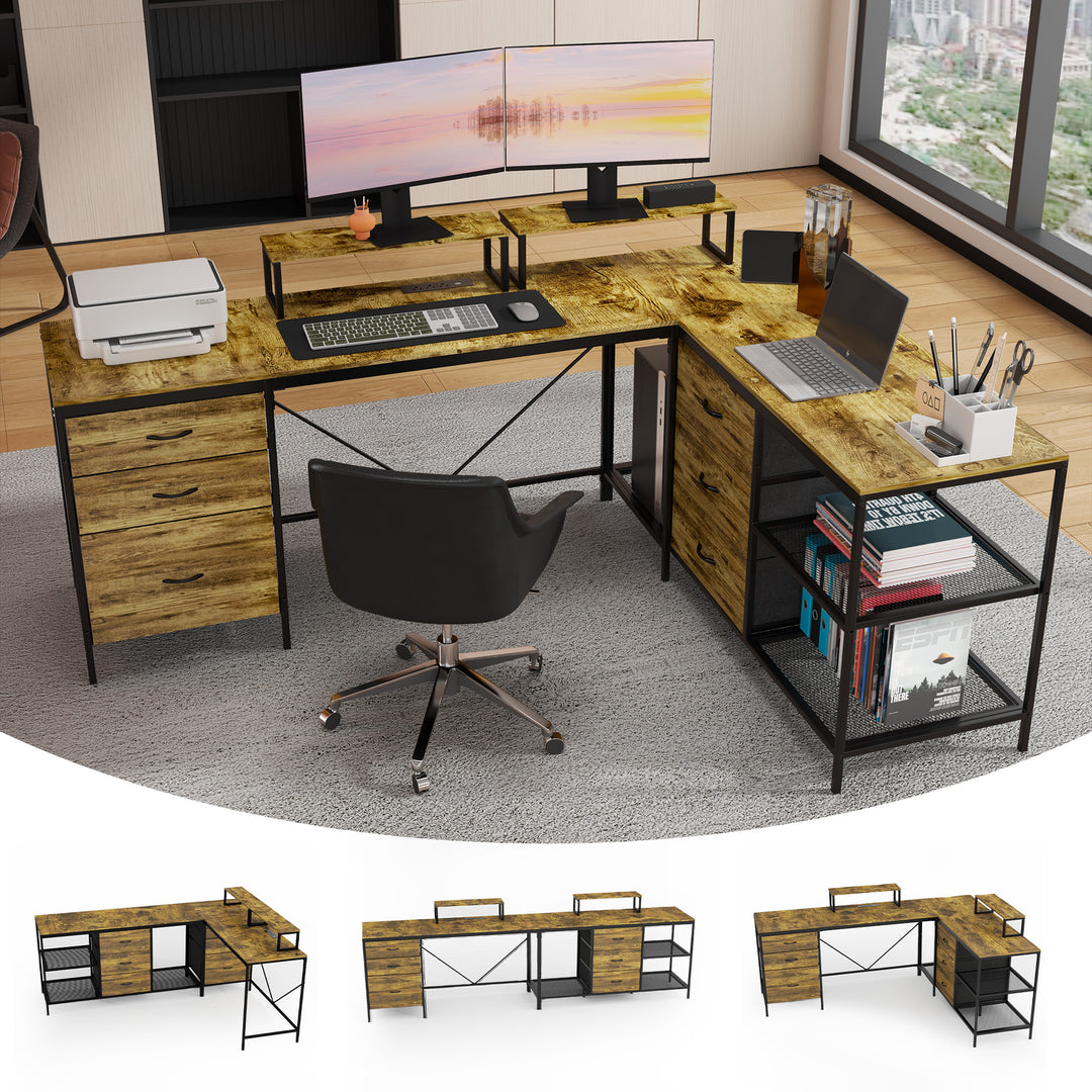 114'' Industrial Rustic Brown L-Shaped Computer Desk with Power Outlets & USB-C