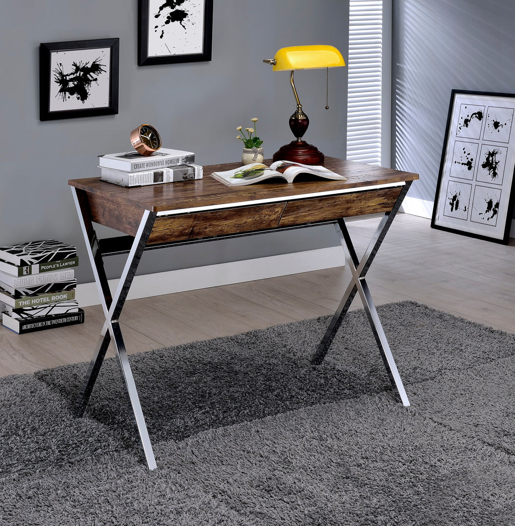 Modern X-shaped Oak & Chrome Finish Writing Desk