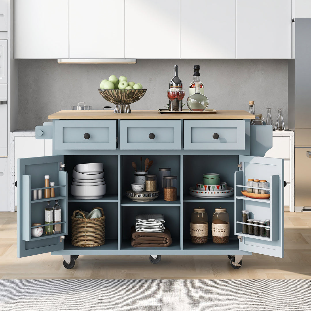 Grey Blue Kitchen Cart Island on 5 Wheels with Drop-Leaf Countertop Storage Cabinet & 3 Drawers
