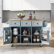 Grey Blue Kitchen Cart Island on 5 Wheels with Drop-Leaf Countertop Storage Cabinet & 3 Drawers