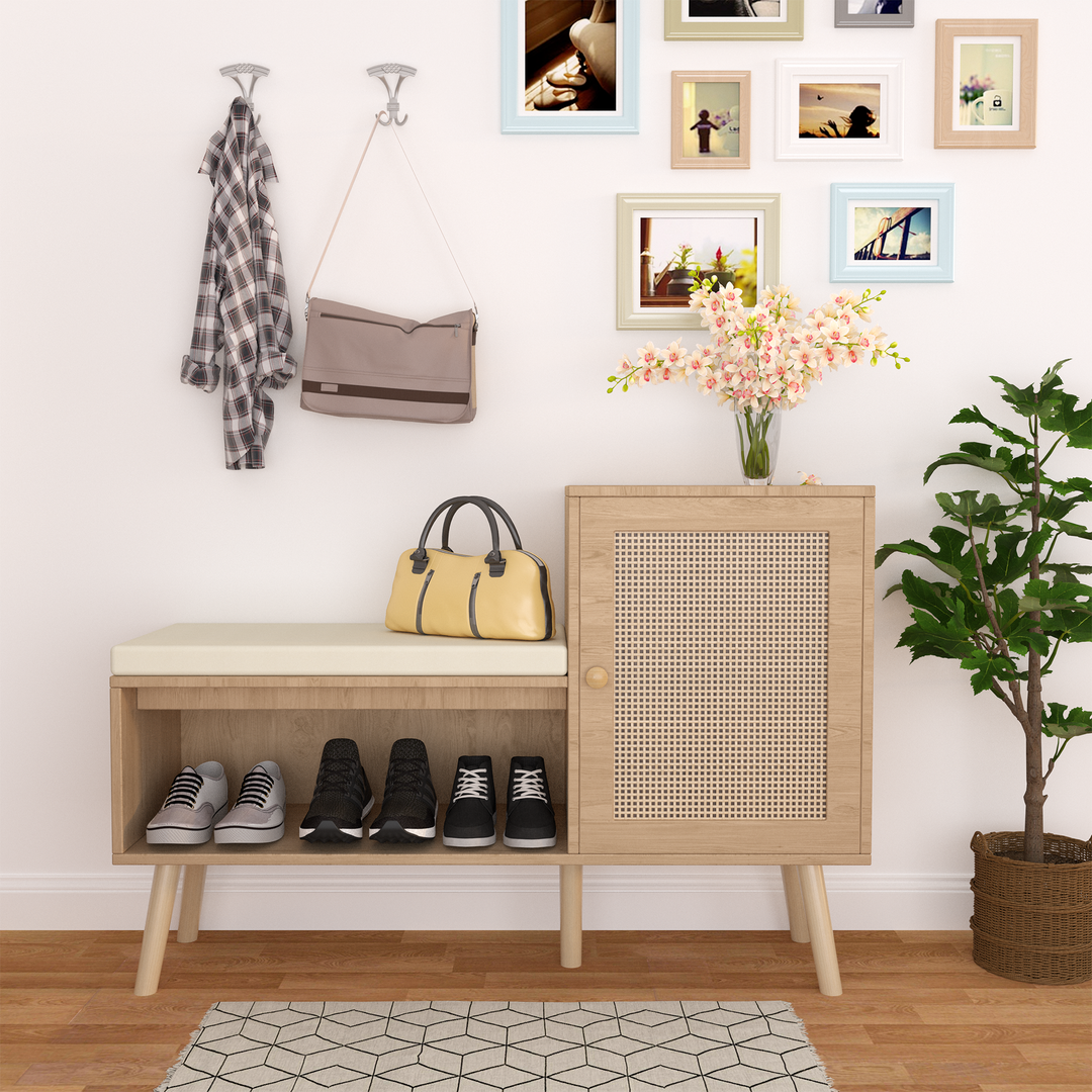 Natural Rattan Shoe Cabinet Bench with 2 Adjustable Shelves and Removable Seat Cushion