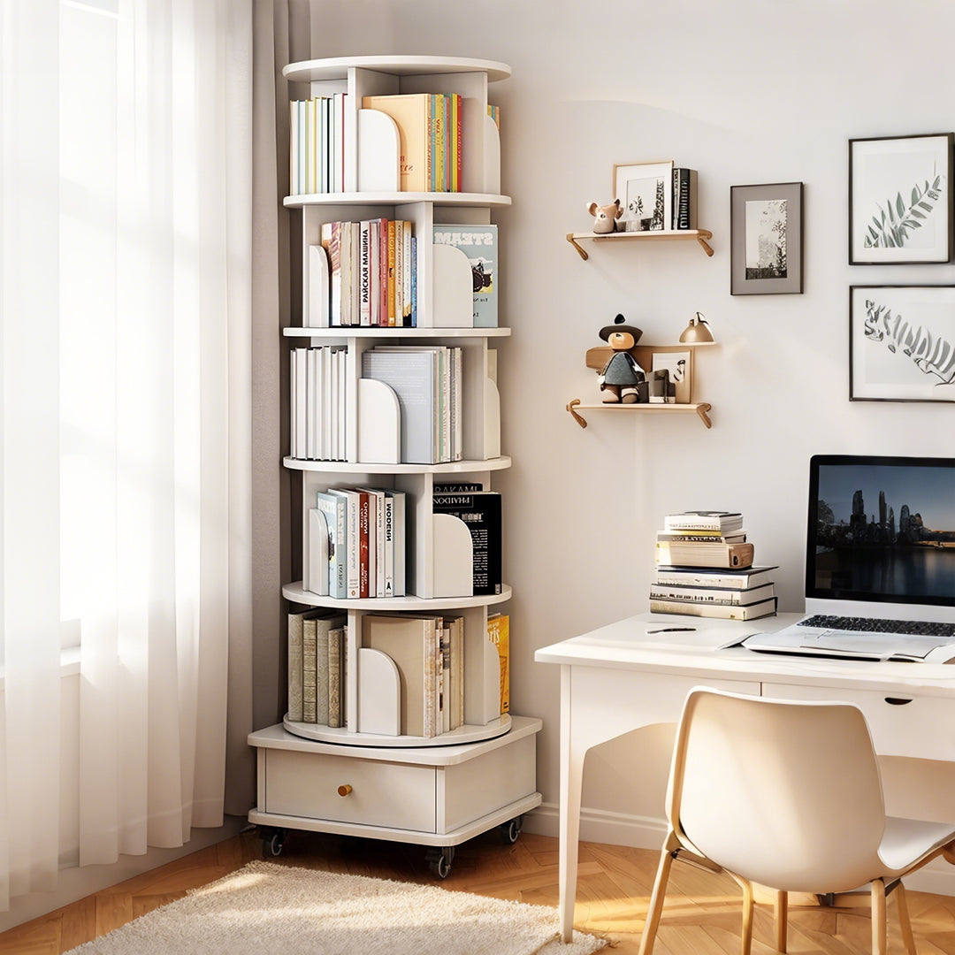 360° Display Round Spinning White Bookshelf with Wheels and Drawer
