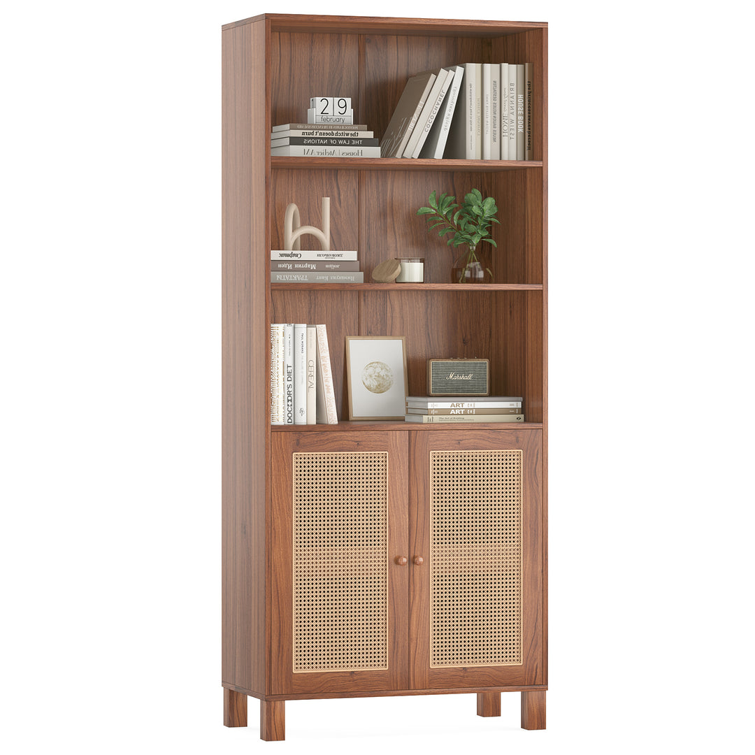 5 Tier Storage Wood Shelves Large Bookshelf Tall Bookcase with Rattan Doors