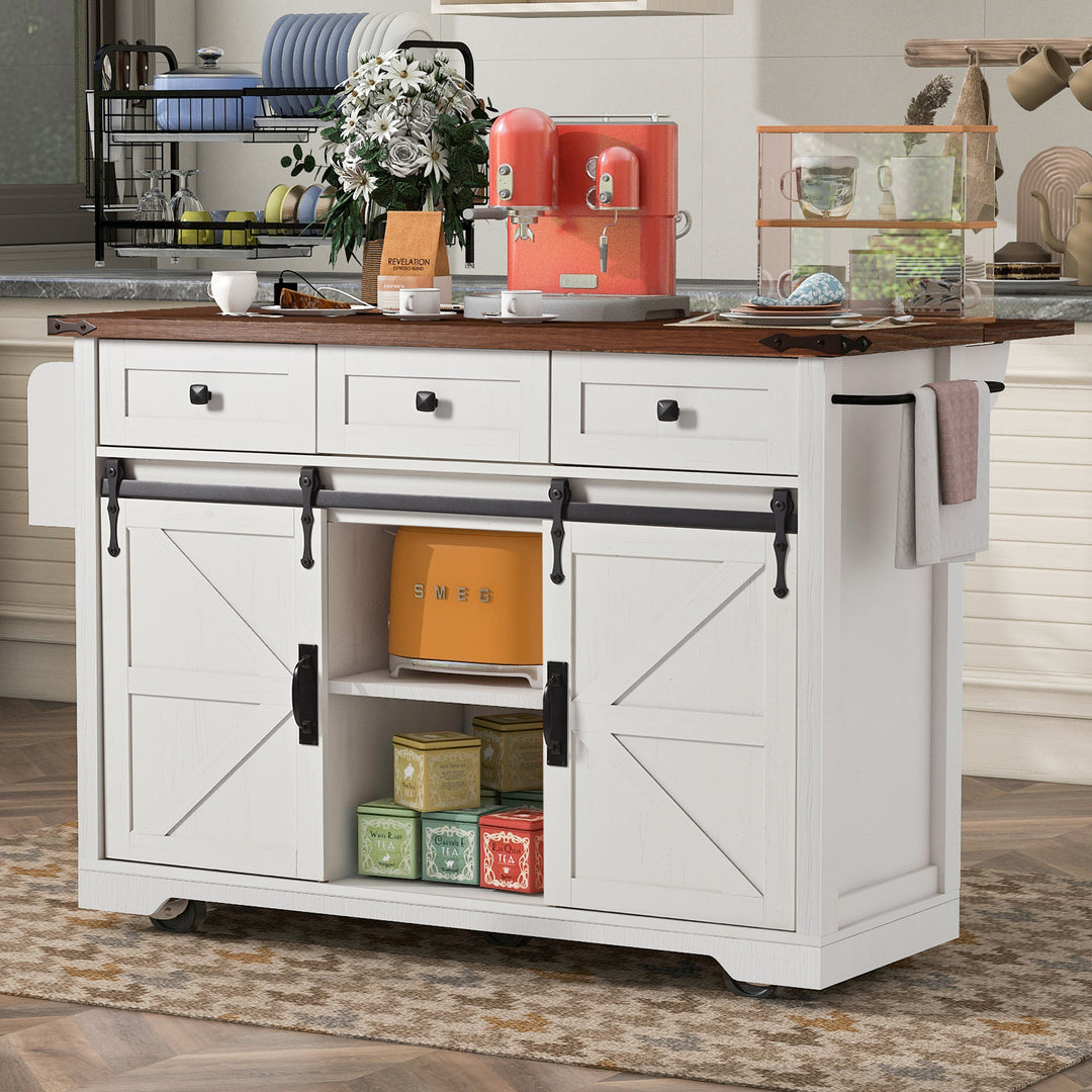 53.7'' Farmhouse White Kitchen Island Cart with Power Outlet 2 Sliding Barn Door Drop Leaf